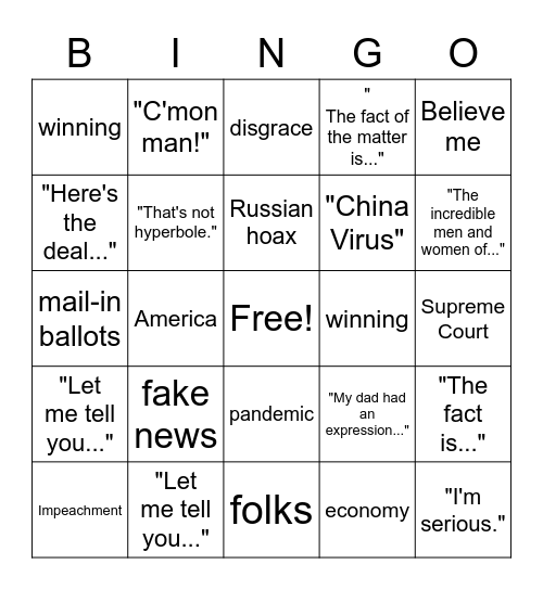 The First Presidential Debate, 2020 Bingo Card