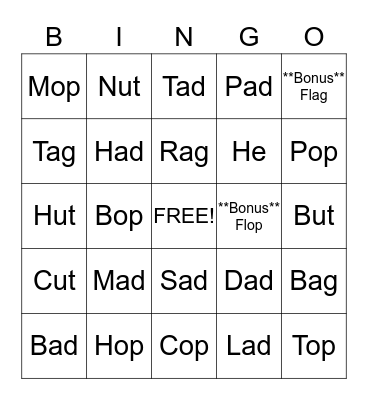 CVC Words (OP, AG, UT, AD) Bingo Card