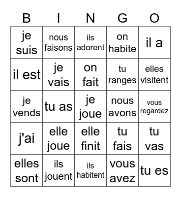Present Tense Verbs Reg and Irreg Bingo Card