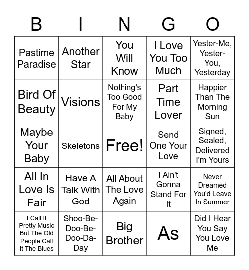 Stevie Wonder Songs Bingo Card