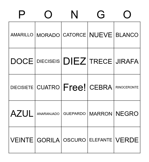 ANIMALES, COLORES, NUMEROS Bingo Card