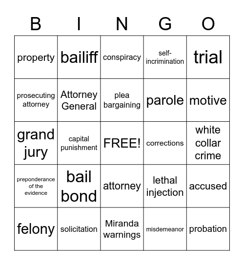 Criminal Justice Bingo Card