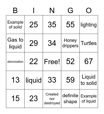 States of Matter Bingo Card