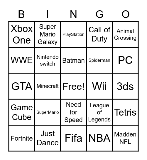 Video Games Bingo Card