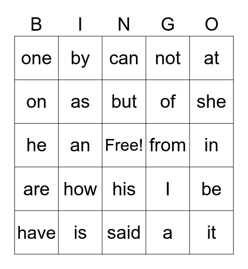 Frequency Words Bingo Card