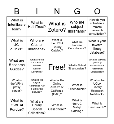 Cluster Training - UCLA Library Website + Catalog Bingo Card
