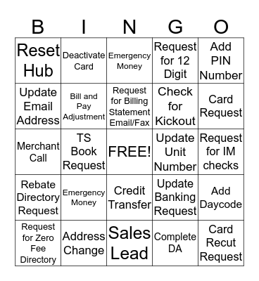 Fuel Card Customer Service Bingo Card