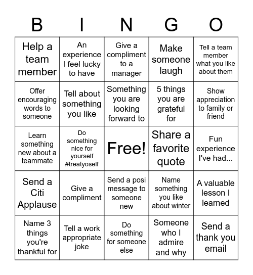 Attitude of Gratitude Bingo Card