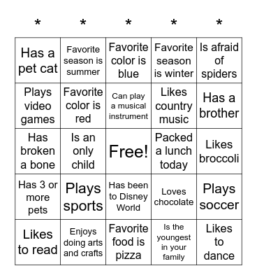 4th Grade Fantastico's Bingo Card