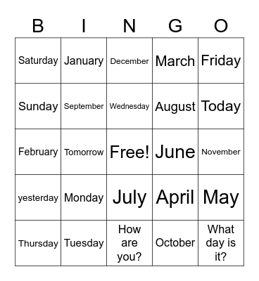 Les Jours et Les Mois Bingo Card