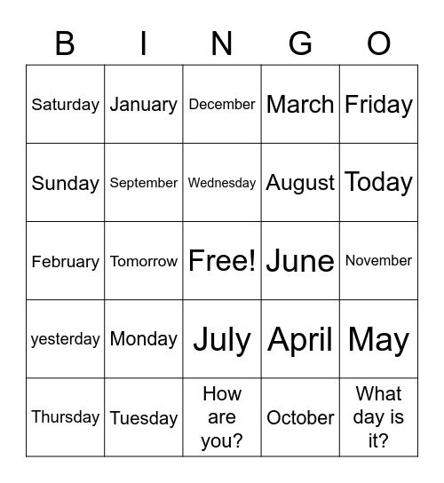 Les Jours et Les Mois Bingo Card