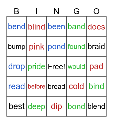 Sight Words silly b-p-d Bingo Card