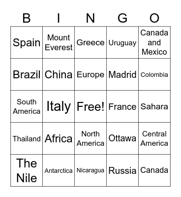 World Geography Bingo Card