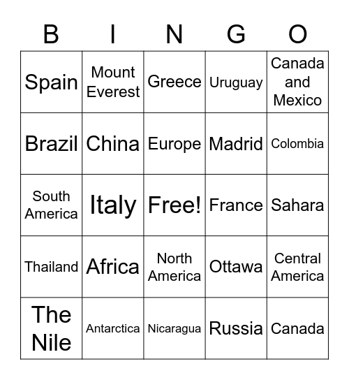 World Geography Bingo Card