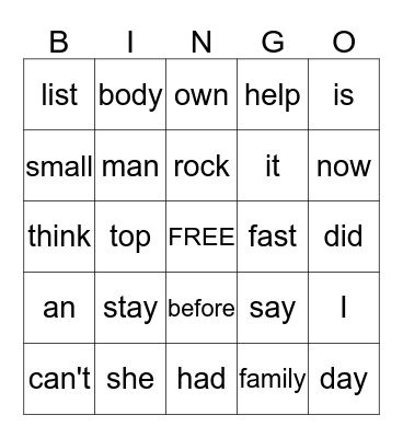 Kindergarten Word Reading Bingo Card
