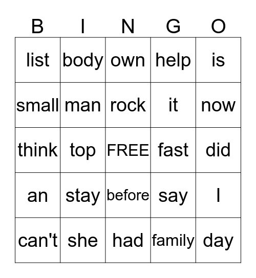 Kindergarten Word Reading Bingo Card