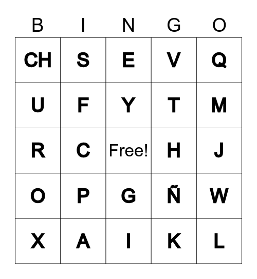 Spanish ABC's Bingo Card