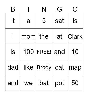 Site Words Bingo Card