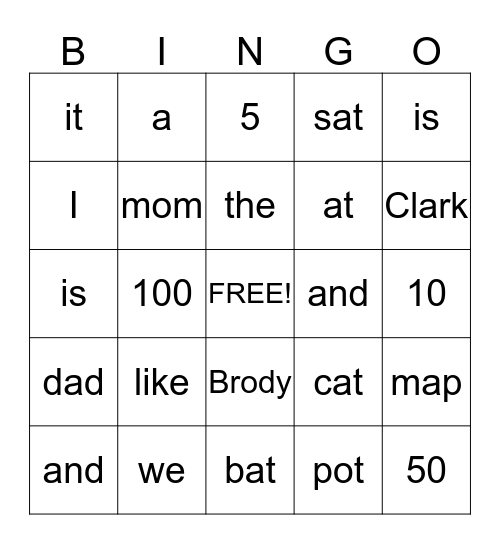 Site Words Bingo Card