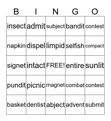 VC/CV Bingo Card