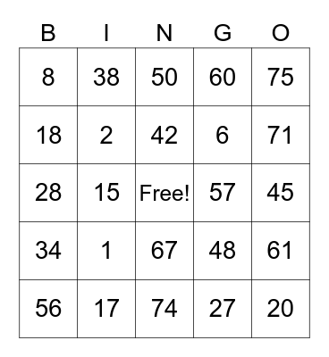 Number Bingo 1-75 Bingo Card