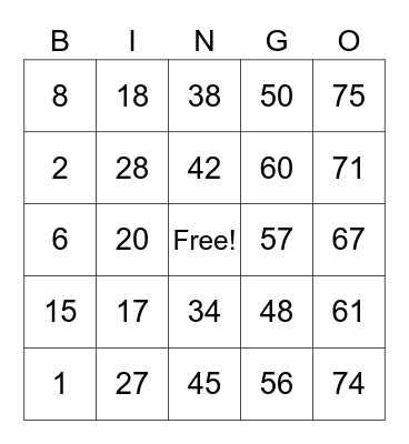 Number Bingo 1-75 Bingo Card