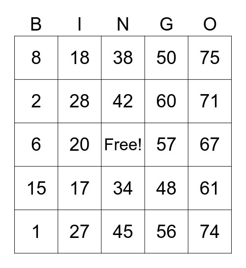 Number Bingo 1-75 Bingo Card