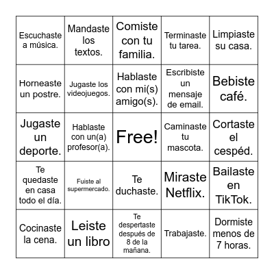 Bingo en el pretérito Bingo Card