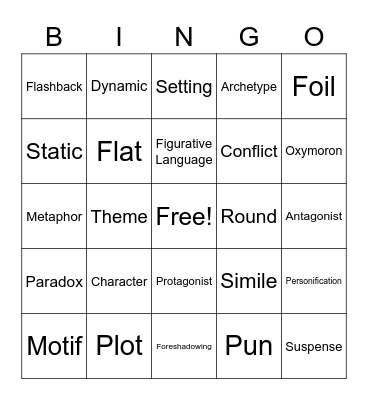 Literature Vocabulary Bingo Card