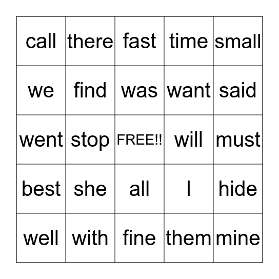 Lesson 7-8 BINGO!!! Bingo Card
