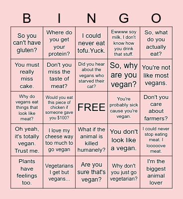 Things Non Vegans Say to Vegans Bingo Card