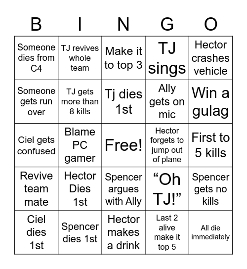 Ciel Hector TJ Spencer Bingo Card