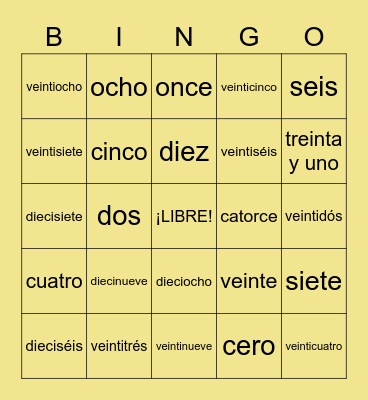 Los números 0-31 Bingo Card