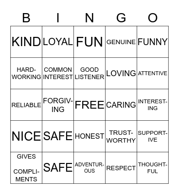 Qualities of a Good Friend Bingo Card