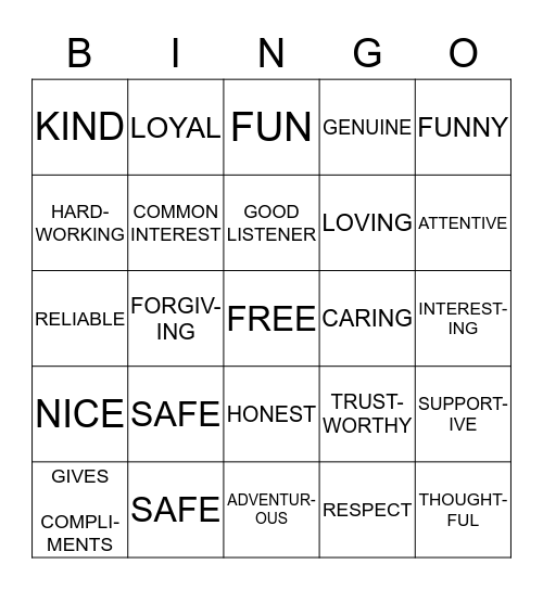 Qualities of a Good Friend Bingo Card