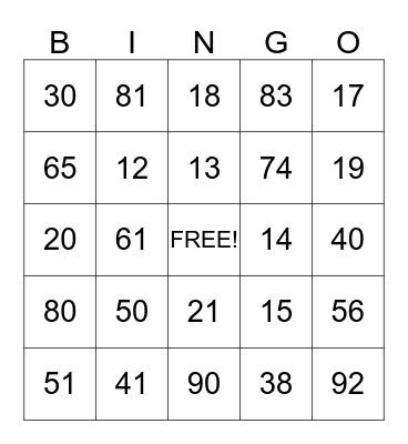 Number BINGO Card