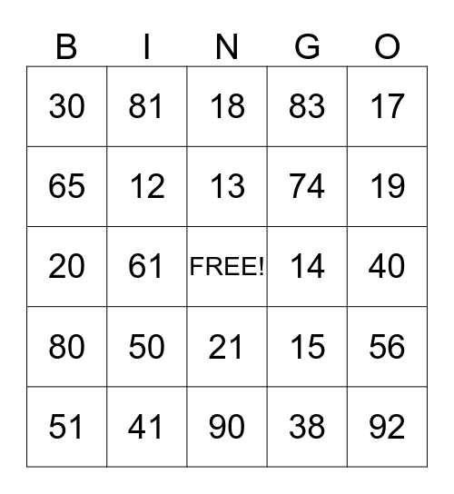 Number BINGO Card