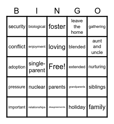 Family Life ESL Bingo Card