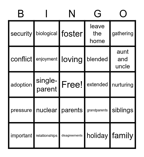 Family Life ESL Bingo Card