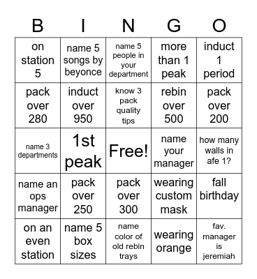 AFE 1 BINGO Card