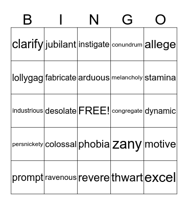 Vocabulary Bingo Card