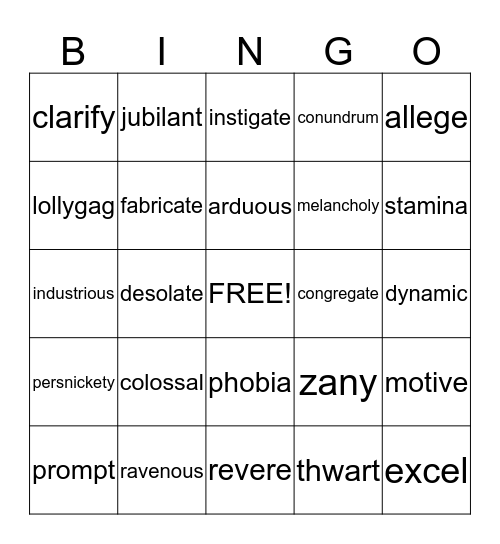 Vocabulary Bingo Card