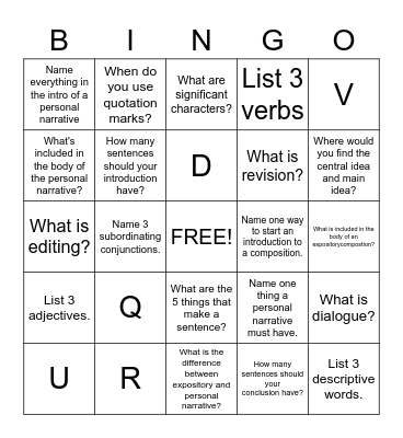 Writing Bingo Card