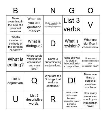 Writing Bingo Card