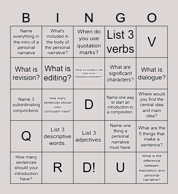 Writing Bingo Card