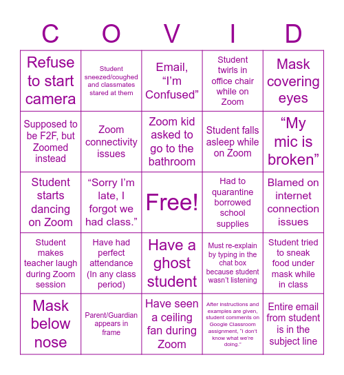 Hybrid Classroom Bingo Card