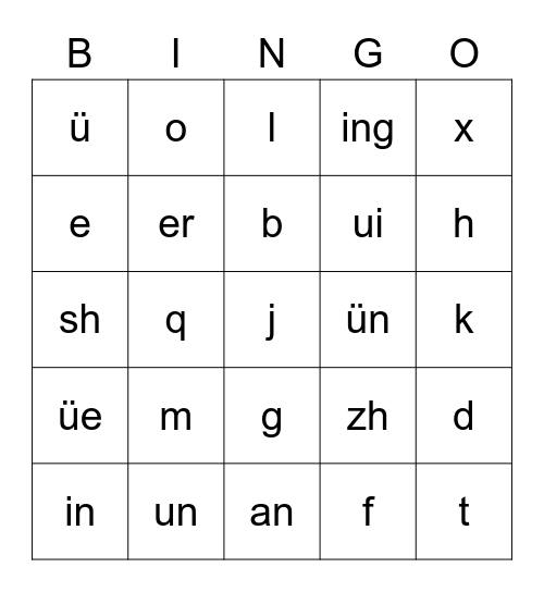 Pinyin Bingo Card