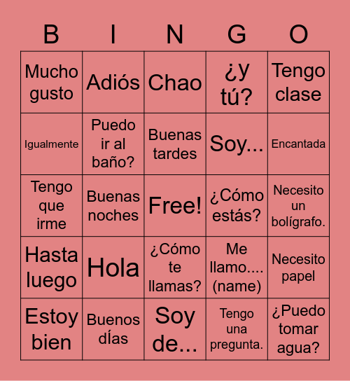 Spanish Greetings Bingo Card