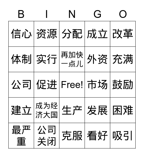 H 6 中国经济改革 Bingo Card