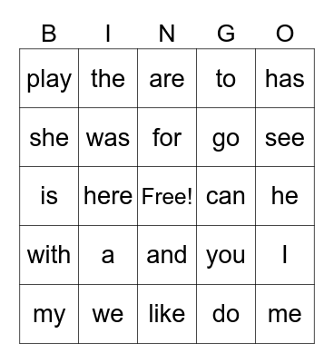Sight Words Bingo Card